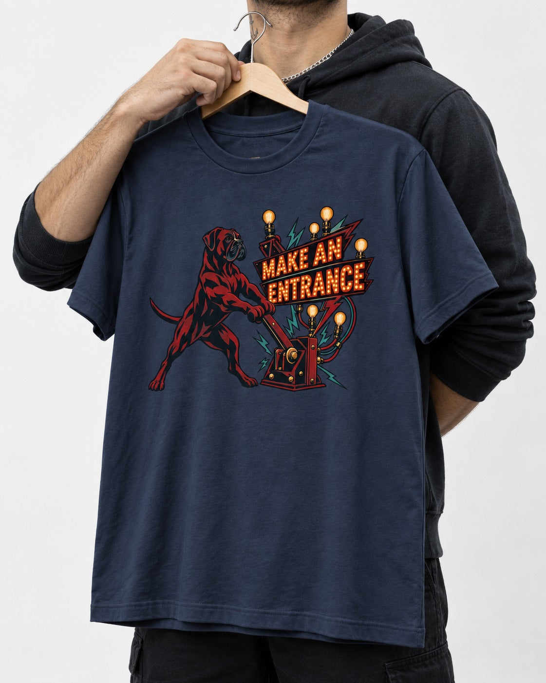 Boxer Make an Entrance T-Shirt in Navy, held up on a hanger