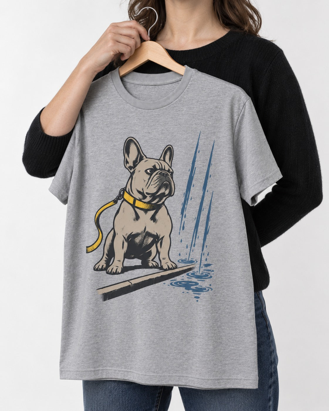 Frenchie Has Standards T-Shirt in Sport Grey, held up on a hanger