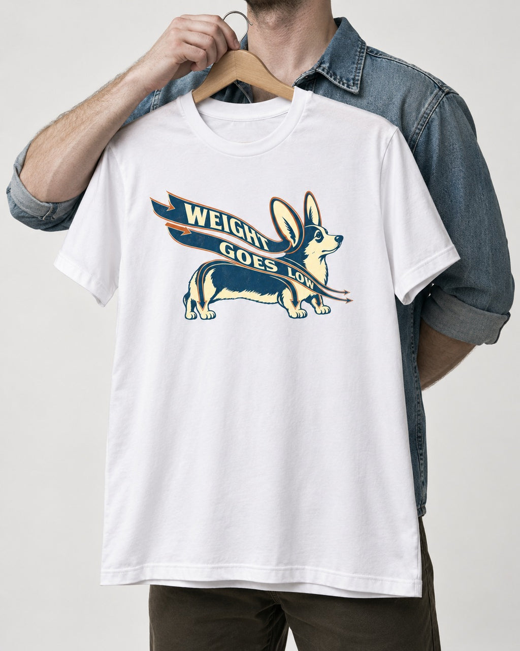 Corgi Weight Goes Low Ribbon Arrow Graphic T-Shirt in White, held up on a hanger