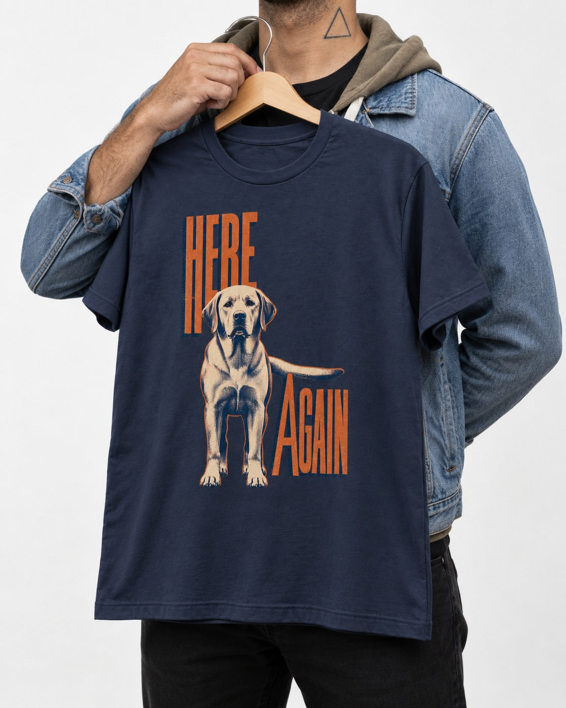 Labrador Retriever Here Again Standing Typography Graphic T-Shirt in Navy, held up on a hanger