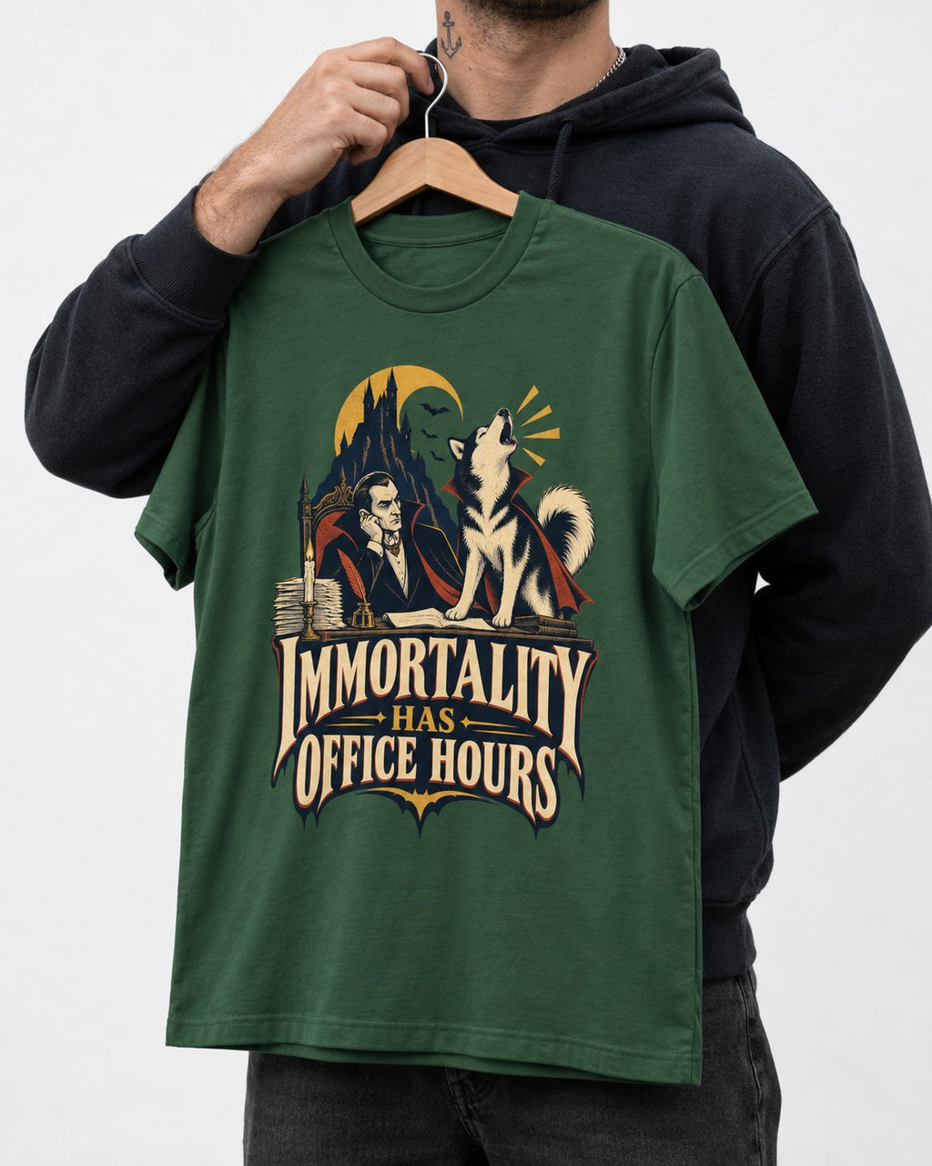 Husky Immortality Has Office Hours Vampire Office Graphic T-Shirt in Forest Green, held up on a hanger