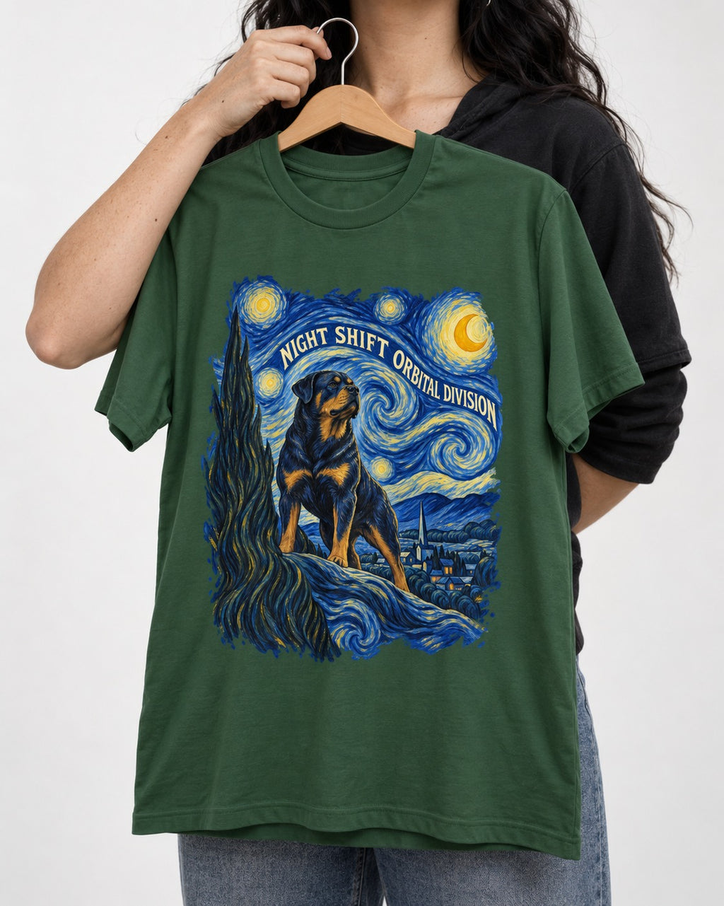 Rottweiler Night Shift Orbital Division Starry Night Graphic T-Shirt in Forest Green, held up on a hanger