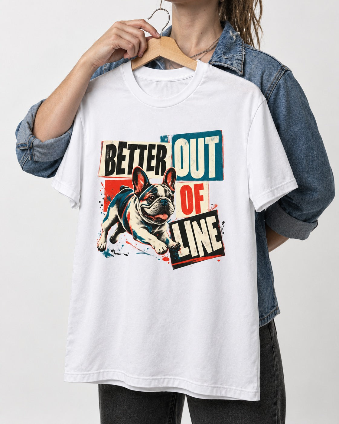 Frenchie Better Out of Line Running Graphic T-Shirt in White, held up on a hanger