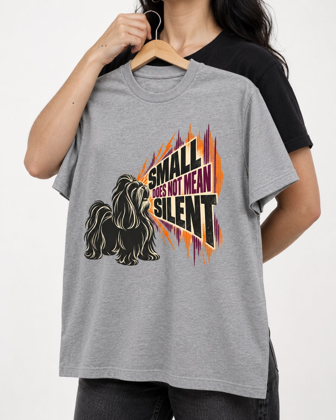 Small Not Silent Shih Tzu T-Shirt in Sport Grey, held up on a hanger