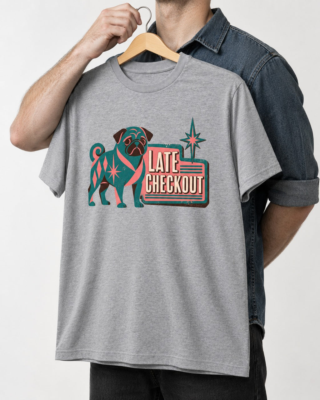 Pug's Late Checkout T-Shirt in Sport Grey, held up on a hanger