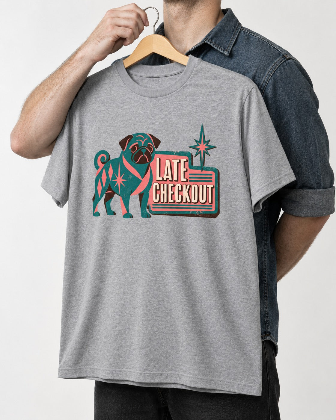Pug's Late Checkout T-Shirt in Sport Grey, held up on a hanger