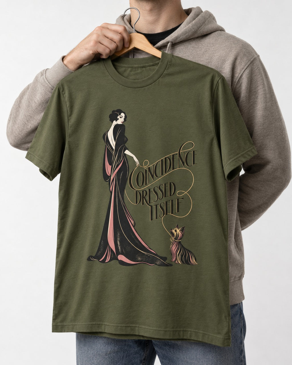 Yorkshire Terrier Coincidence Dressed Itself Art Deco Graphic T-Shirt in Heather Military Green, held up on a hanger