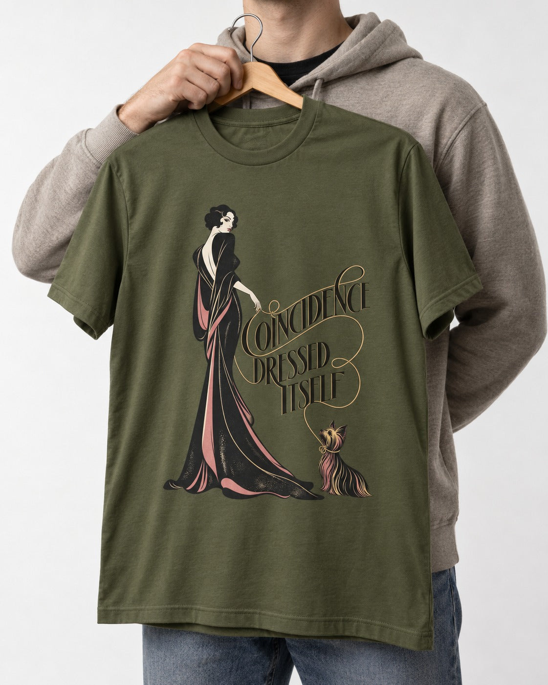 Yorkshire Terrier Coincidence Dressed Itself Art Deco Graphic T-Shirt in Heather Military Green, held up on a hanger