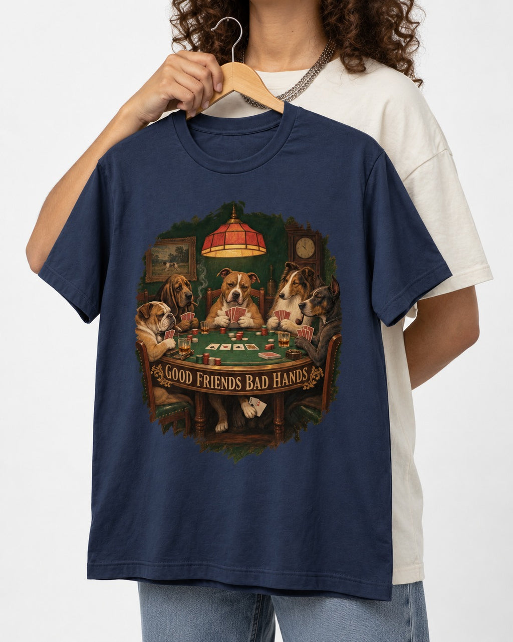 Pitbull Good Friends Bad Hands Poker Night Graphic T-Shirt in Navy, held up on a hanger