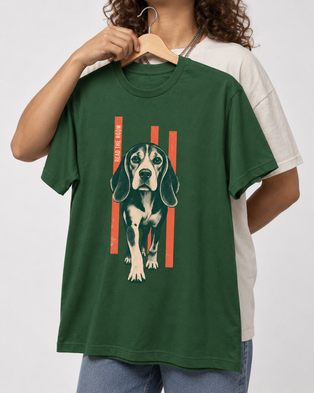 Beagle Before The Move Walking Portrait T-Shirt in Forest Green, held up on a hanger