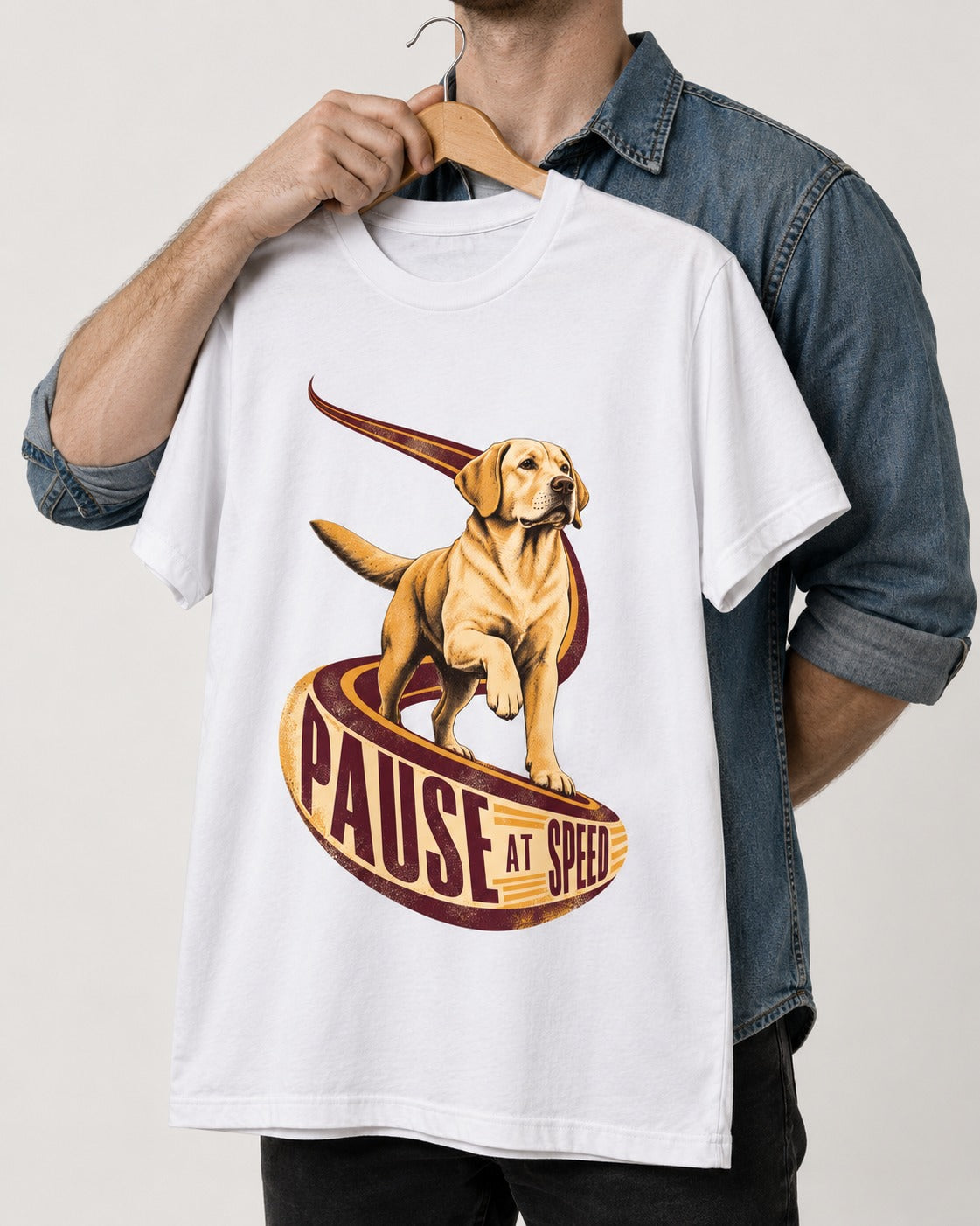 Labrador Retriever Pause at Speed Ribbon Graphic T-Shirt in White, held up on a hanger