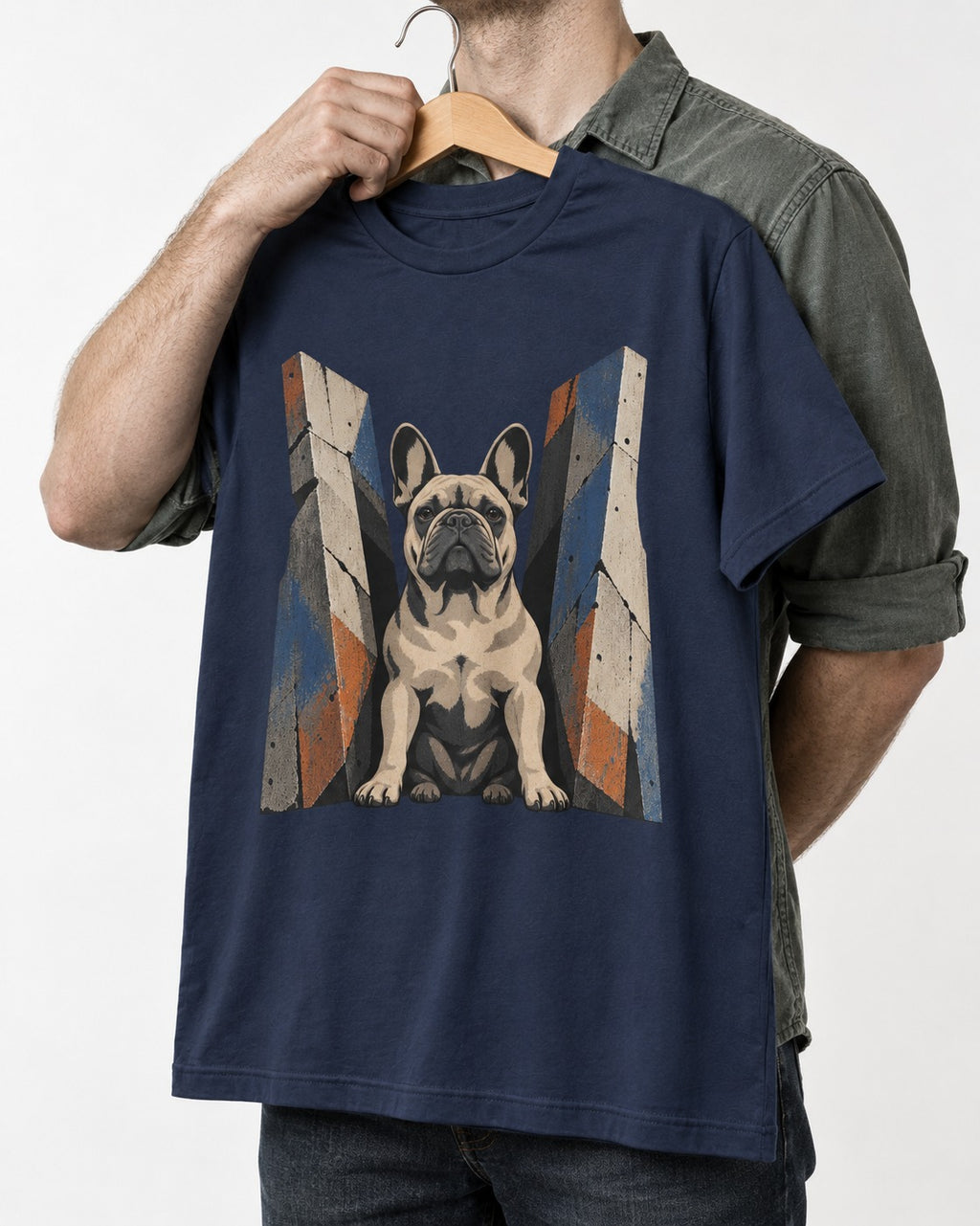 Frenchie Concrete Diplomat Barrier Portrait T-Shirt in Navy, held up on a hanger