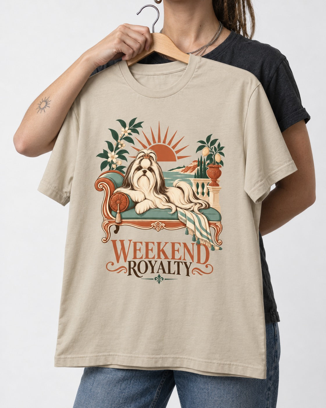 Shih Tzu Weekend Royalty T-Shirt in Sand, held up on a hanger
