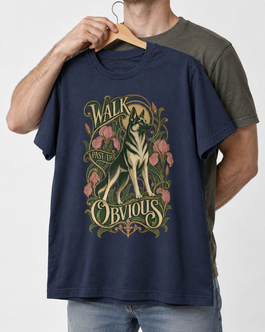 Walk Past The Obvious Art Nouveau German Shepherd Dog Graphic T-Shirt in Navy, held up on a hanger