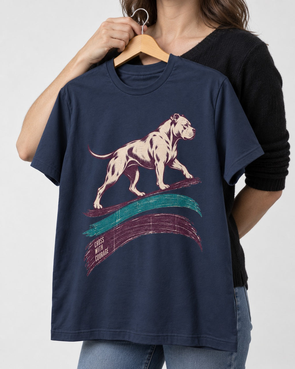 Pitbull Cross with Courage Brushstroke Graphic T-Shirt in Navy, held up on a hanger