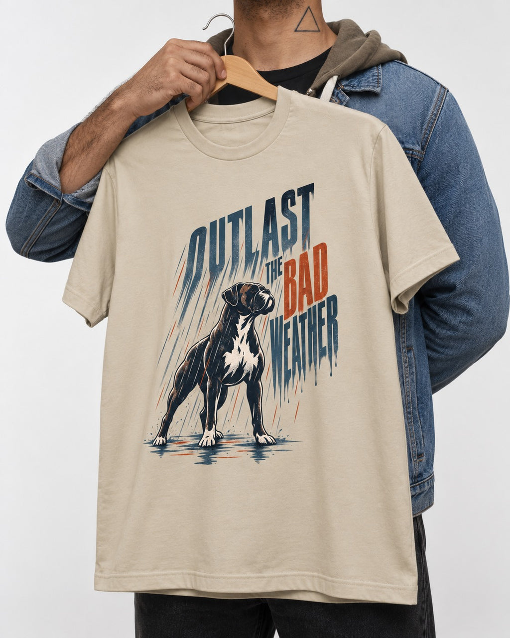 Boxer Outlast the Bad Weather T-Shirt in Sand, held up on a hanger