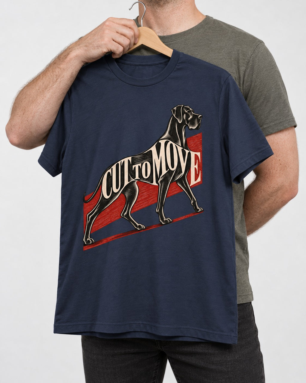 Great Dane Cut to Move Walking Typography Graphic T-Shirt in Navy, held up on a hanger
