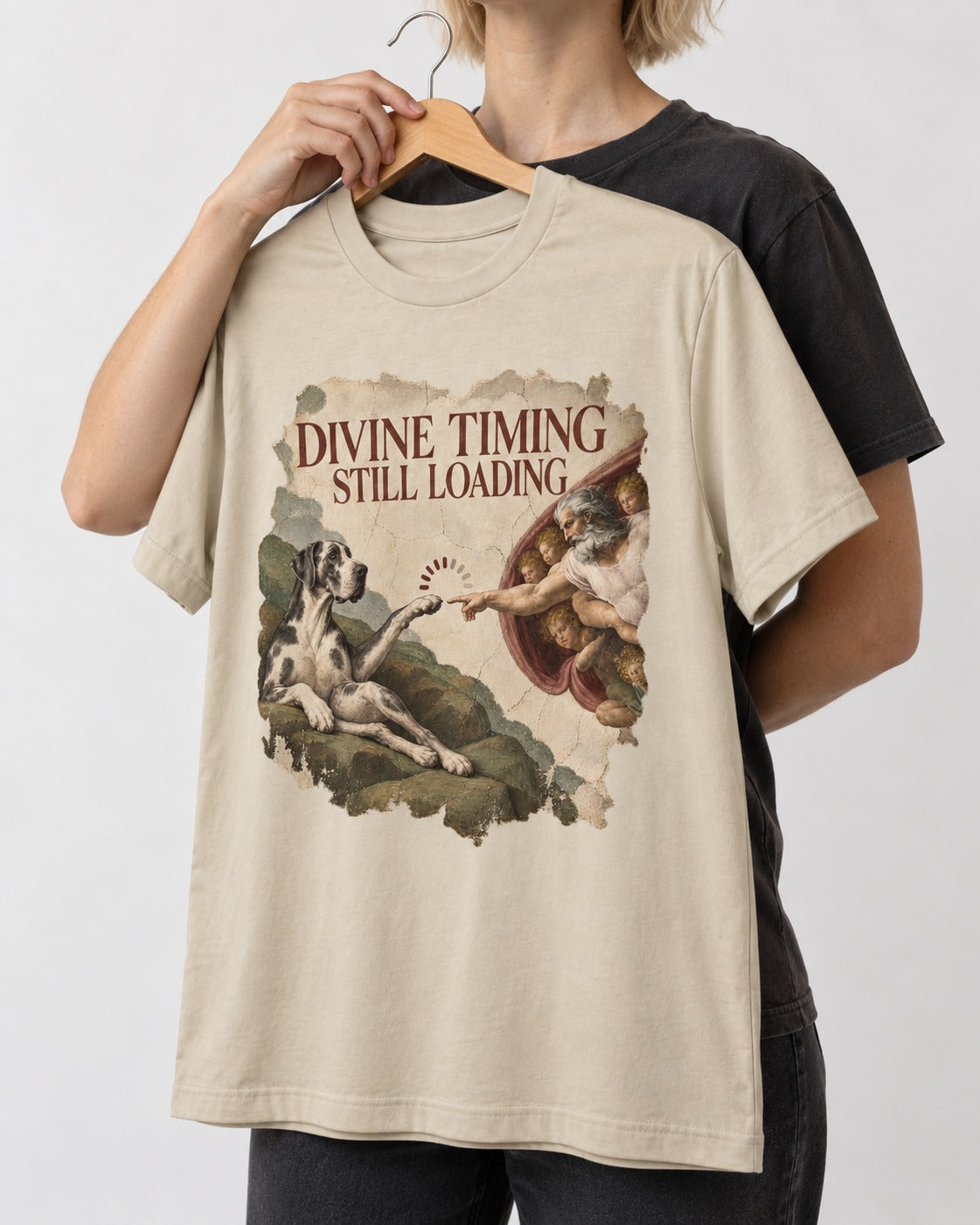 Great Dane Divine Timing Still Loading T-Shirt in Sand, held up on a hanger