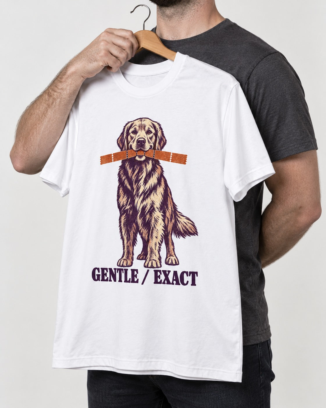 Golden Retriever Gentle Exact Paper Bridge Graphic T-Shirt in White, held up on a hanger