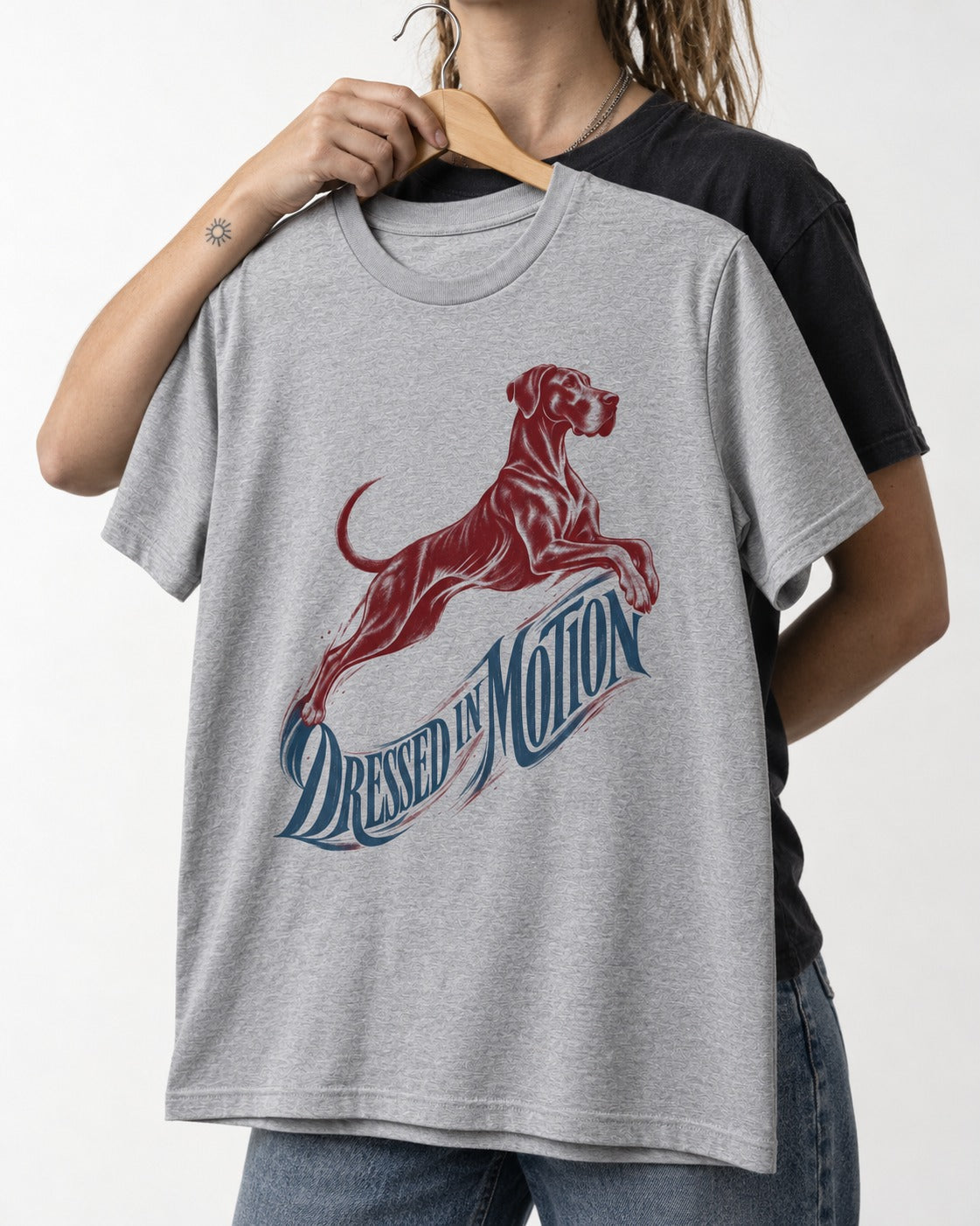 Great Dane Dressed in Motion T-Shirt in Sport Grey, held up on a hanger