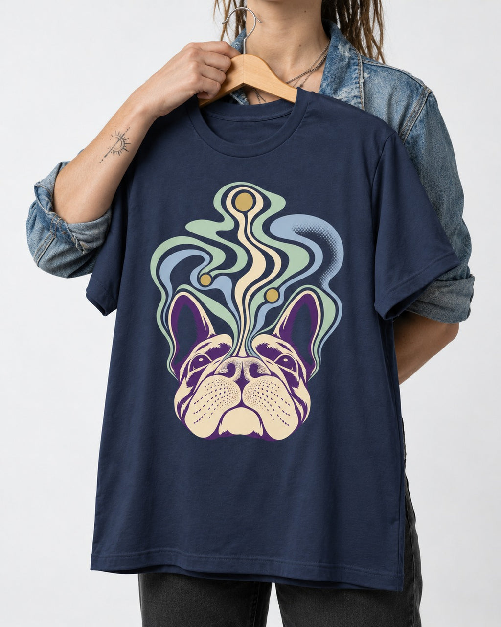 Frenchie Scent Cartography Vapor Route Graphic T-Shirt in Navy, held up on a hanger