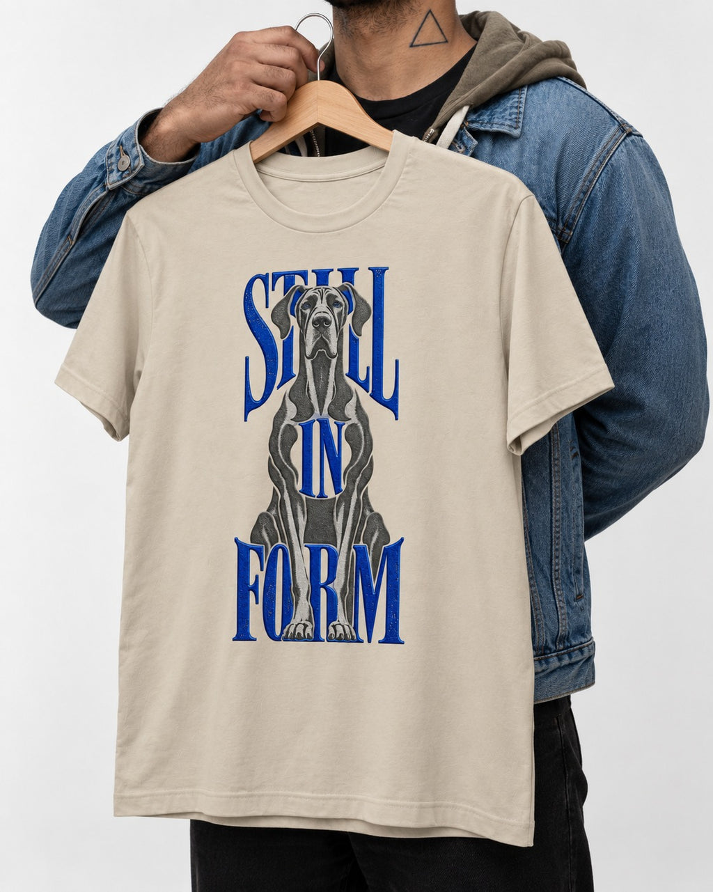 Still in Form Great Dane T-Shirt in Sand, held up on a hanger