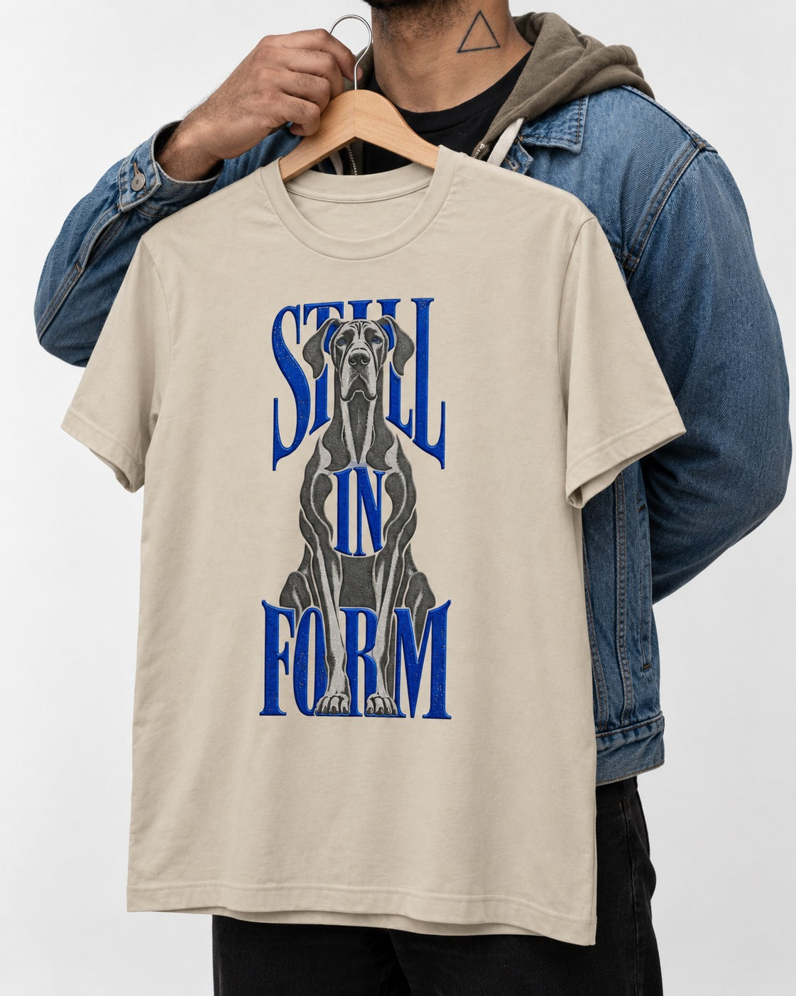Still in Form Great Dane T-Shirt in Sand, held up on a hanger