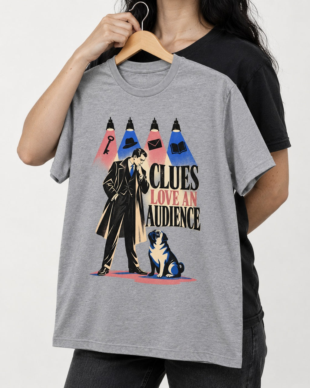 Pug Clues Love an Audience T-Shirt in Sport Grey, held up on a hanger
