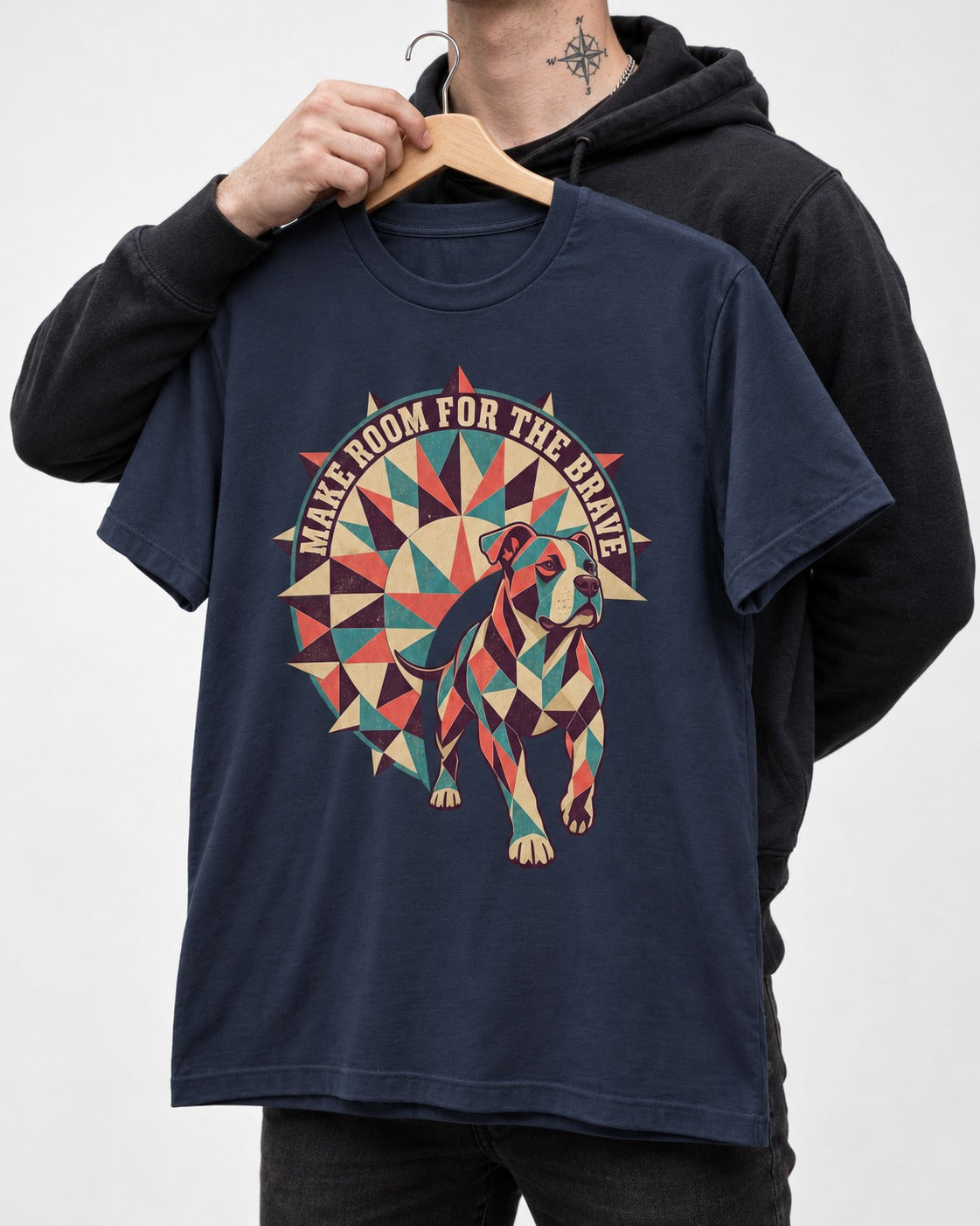 Pitbull Make Room for the Brave Mosaic Graphic T-Shirt in Navy, held up on a hanger