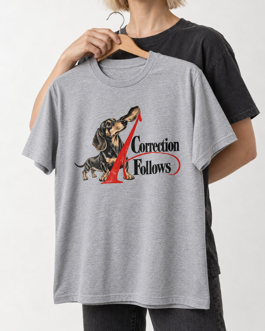 A Dachshund Correction Follows T-Shirt in Sport Grey, held up on a hanger