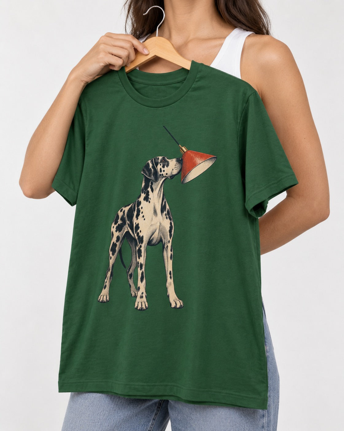 Great Dane Inspecting Hanging Lamp Graphic T-Shirt in Forest Green, held up on a hanger