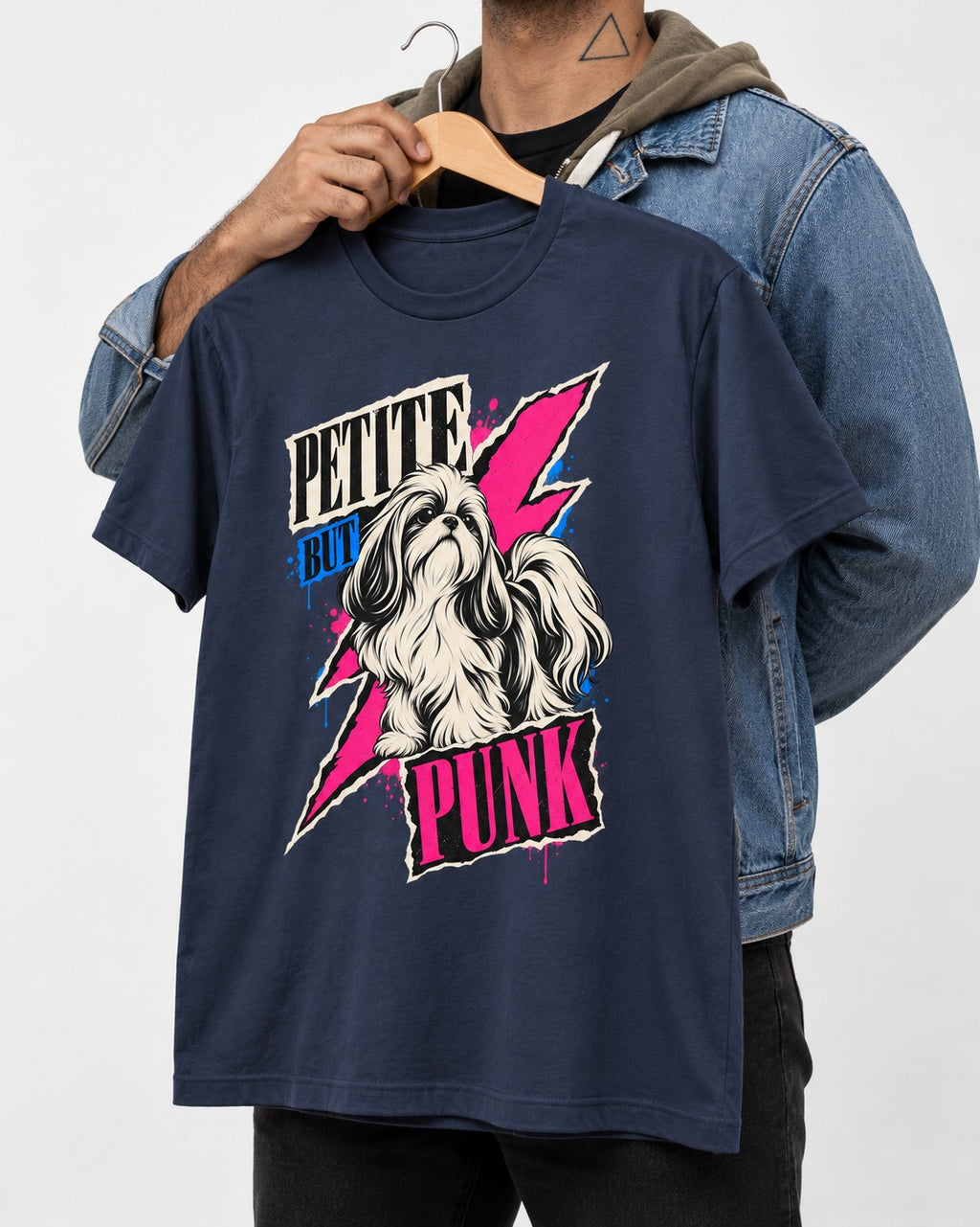 Shih Tzu Petite but Punk Lightning Graphic T-Shirt in Navy, held up on a hanger