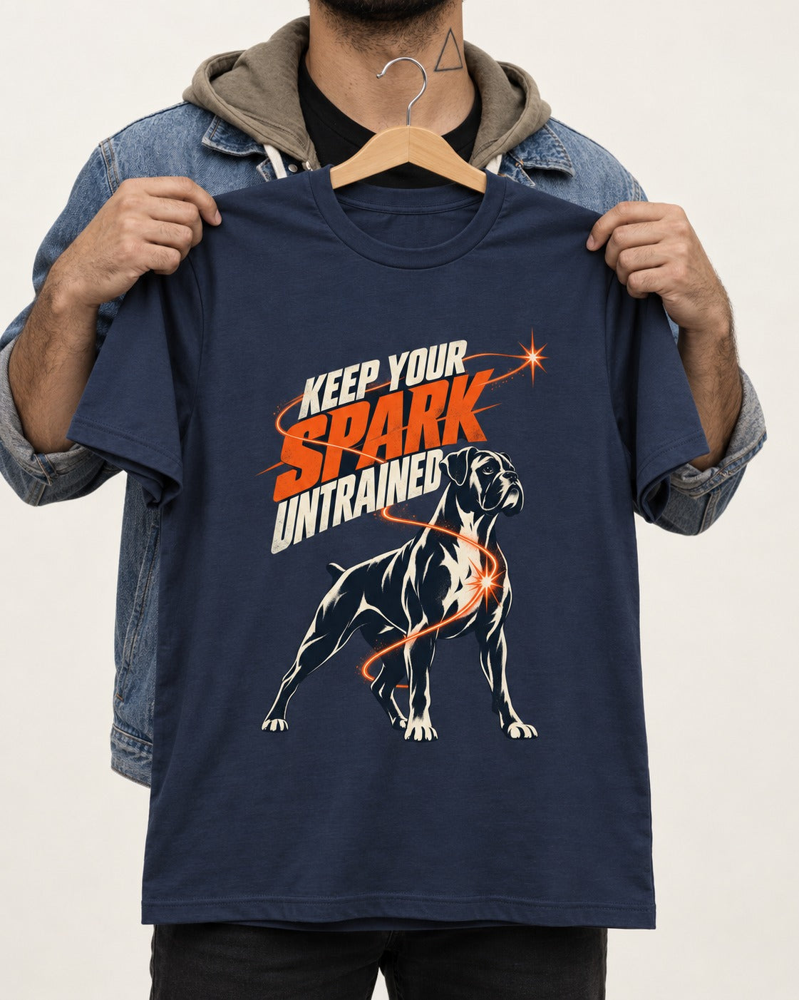 Boxer Keep Your Spark Untrained T-Shirt in Navy, held up on a hanger