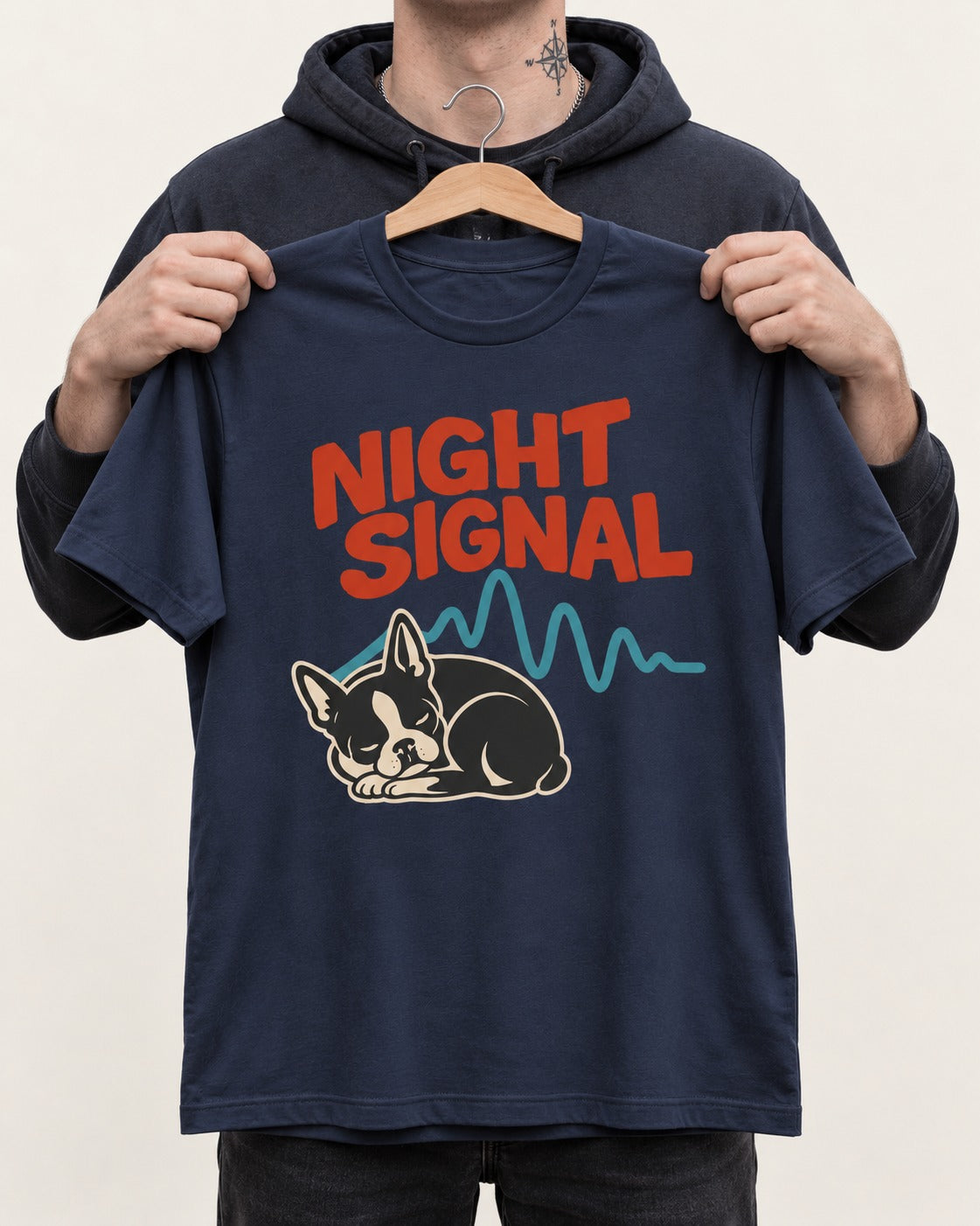 Boston Terrier Sleeping Night Signal T-Shirt in Navy, held up on a hanger