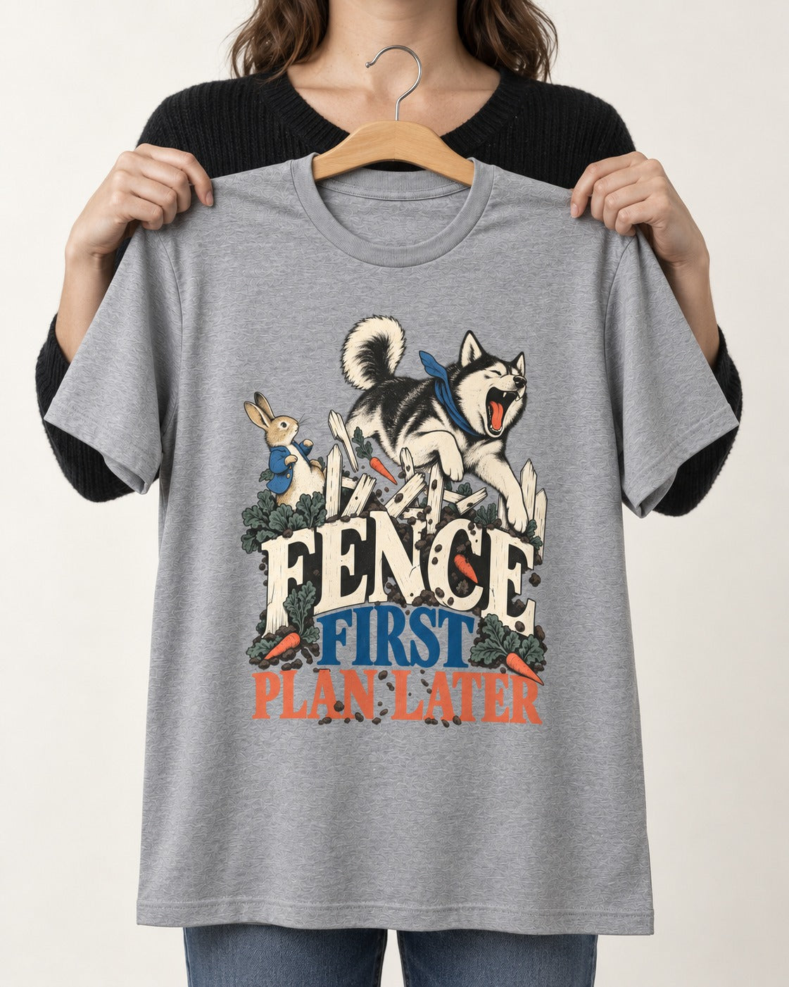 Husky Fence First Plan Later Garden Escape Graphic T-Shirt in Sport Grey, held up on a hanger