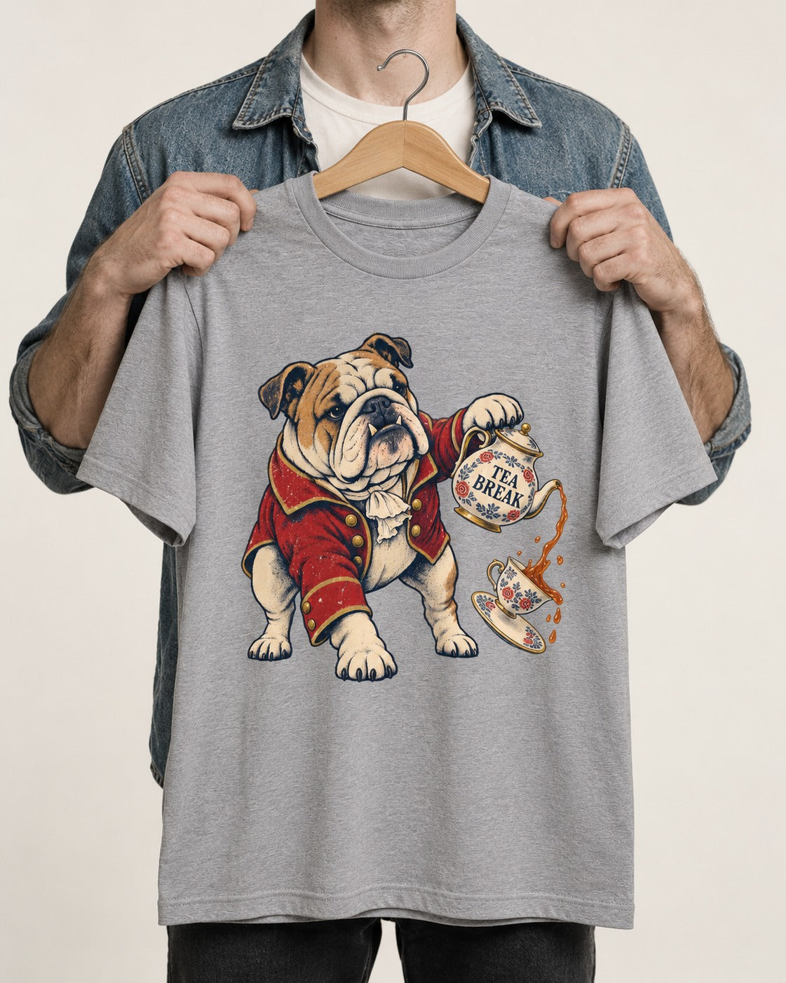 English Bulldog Tea Break T-Shirt in Sport Grey, held up on a hanger