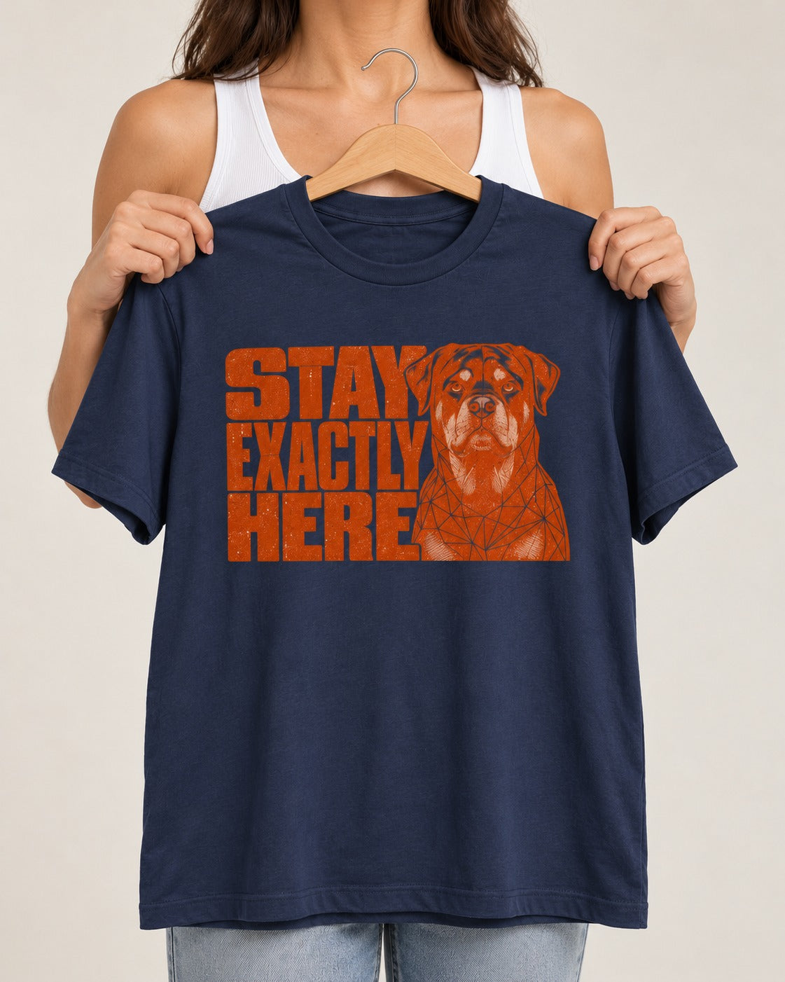 Rottweiler Stay Exactly Here Block Portrait Graphic T-Shirt in Navy, held up on a hanger