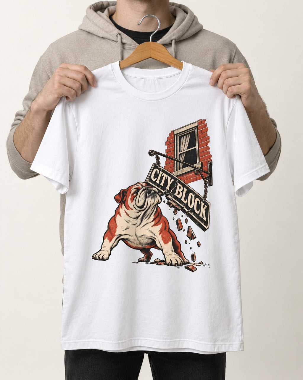 English Bulldog City Block Breaking Sign Graphic T-Shirt in White, held up on a hanger