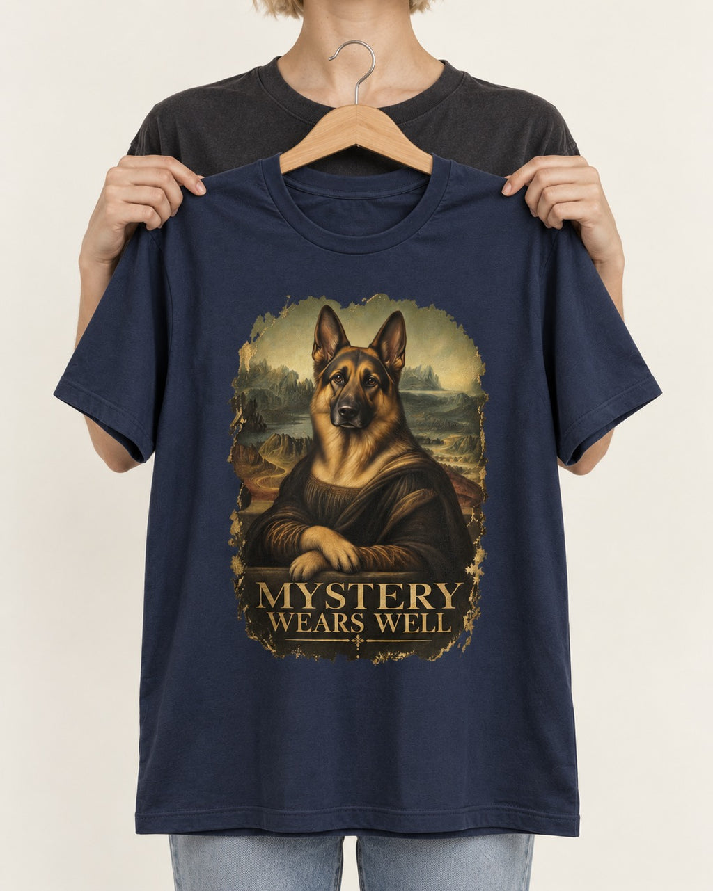 German Shepherd Dog Mystery Wears Well Renaissance Portrait T-Shirt in Navy, held up on a hanger