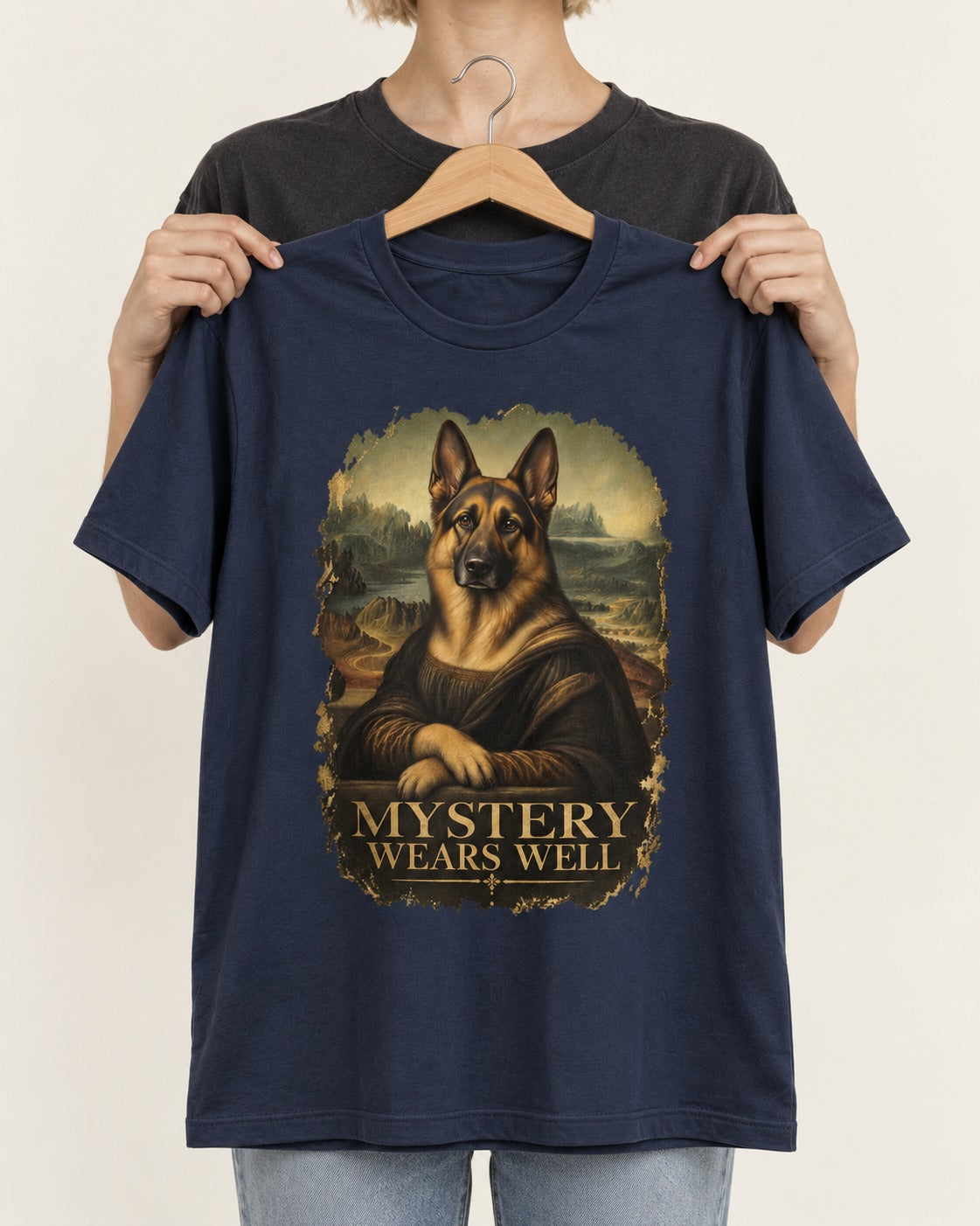 German Shepherd Dog Mystery Wears Well Renaissance Portrait T-Shirt in Navy, held up on a hanger
