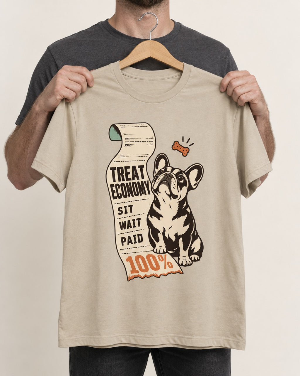 Sit Wait Paid Frenchie T-Shirt in Sand, held up on a hanger