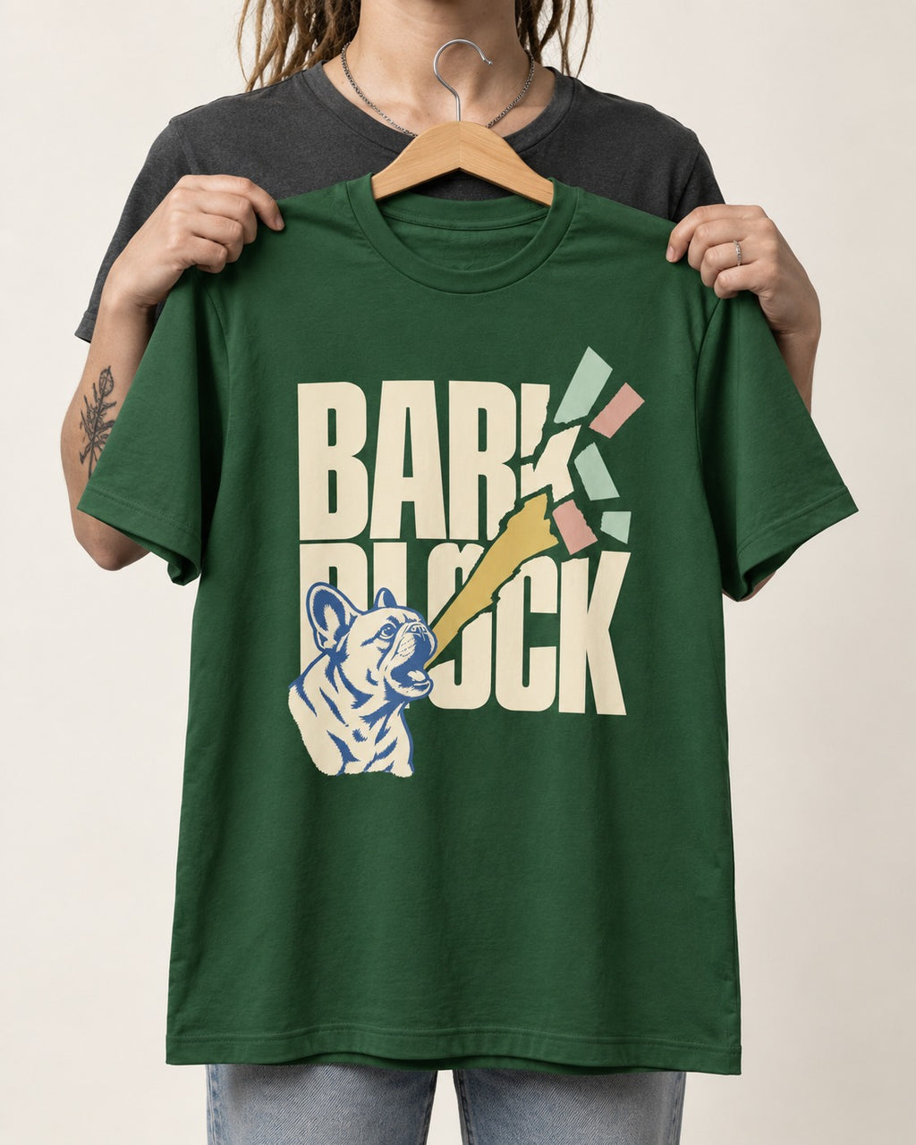 Frenchie Bark Breaks Bark Block Graphic T-Shirt in Forest Green, held up on a hanger