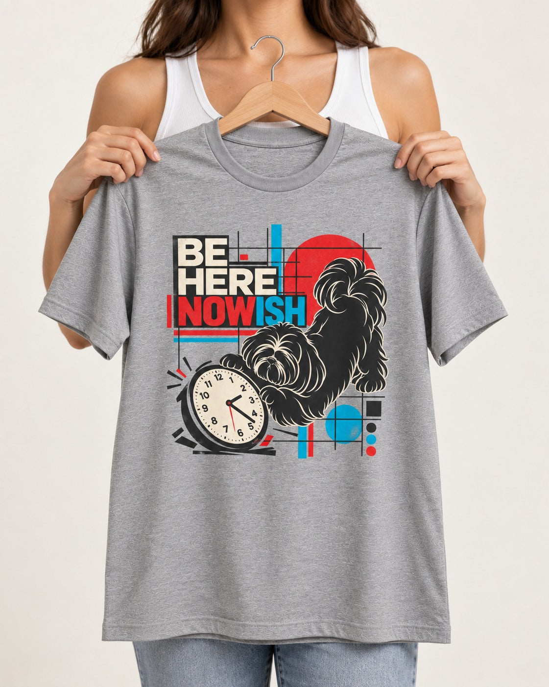 Be Here Nowish Shih Tzu T-Shirt in Sport Grey, held up on a hanger