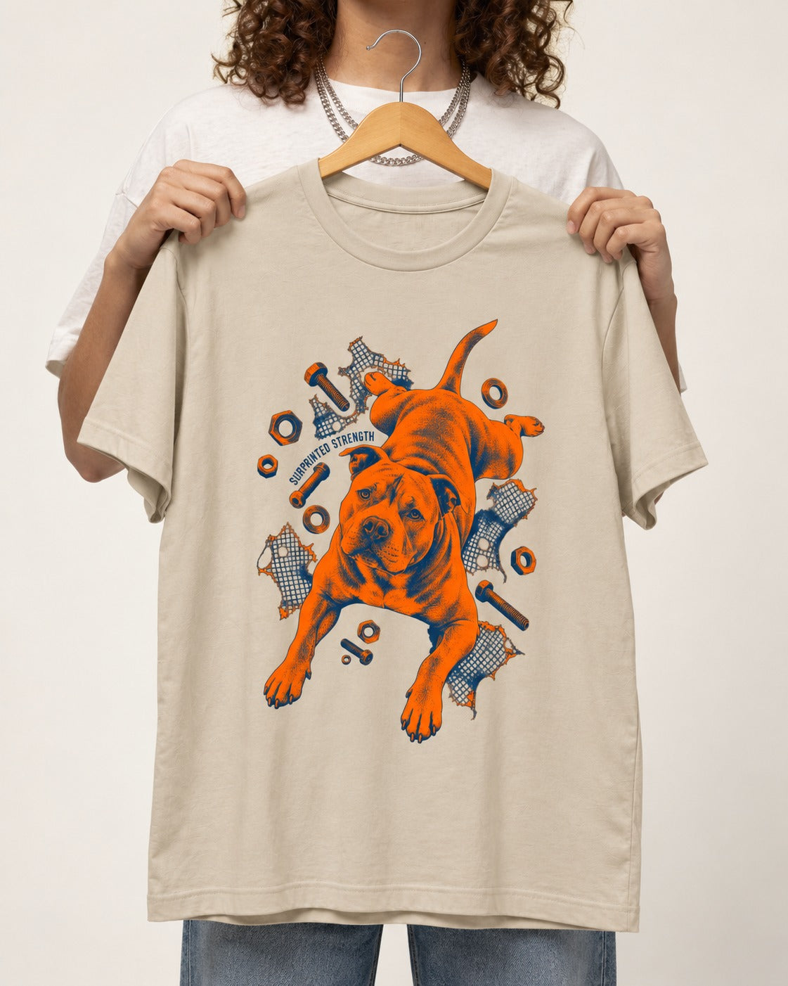 Pitbull Strength T-Shirt in Sand, held up on a hanger