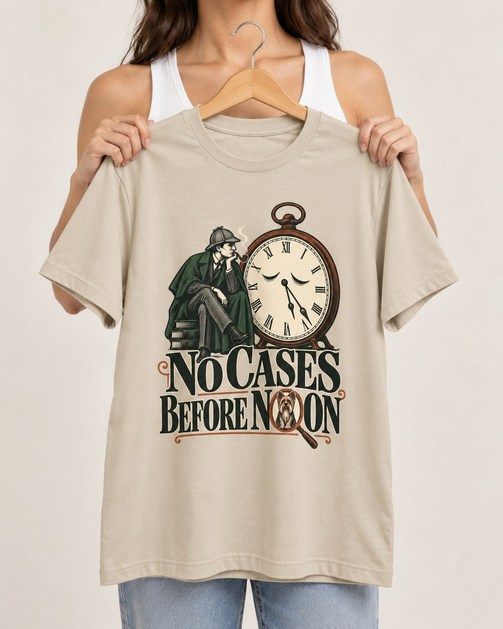 No Cases Before Noon Yorkshire Terrier T-Shirt in Sand, held up on a hanger