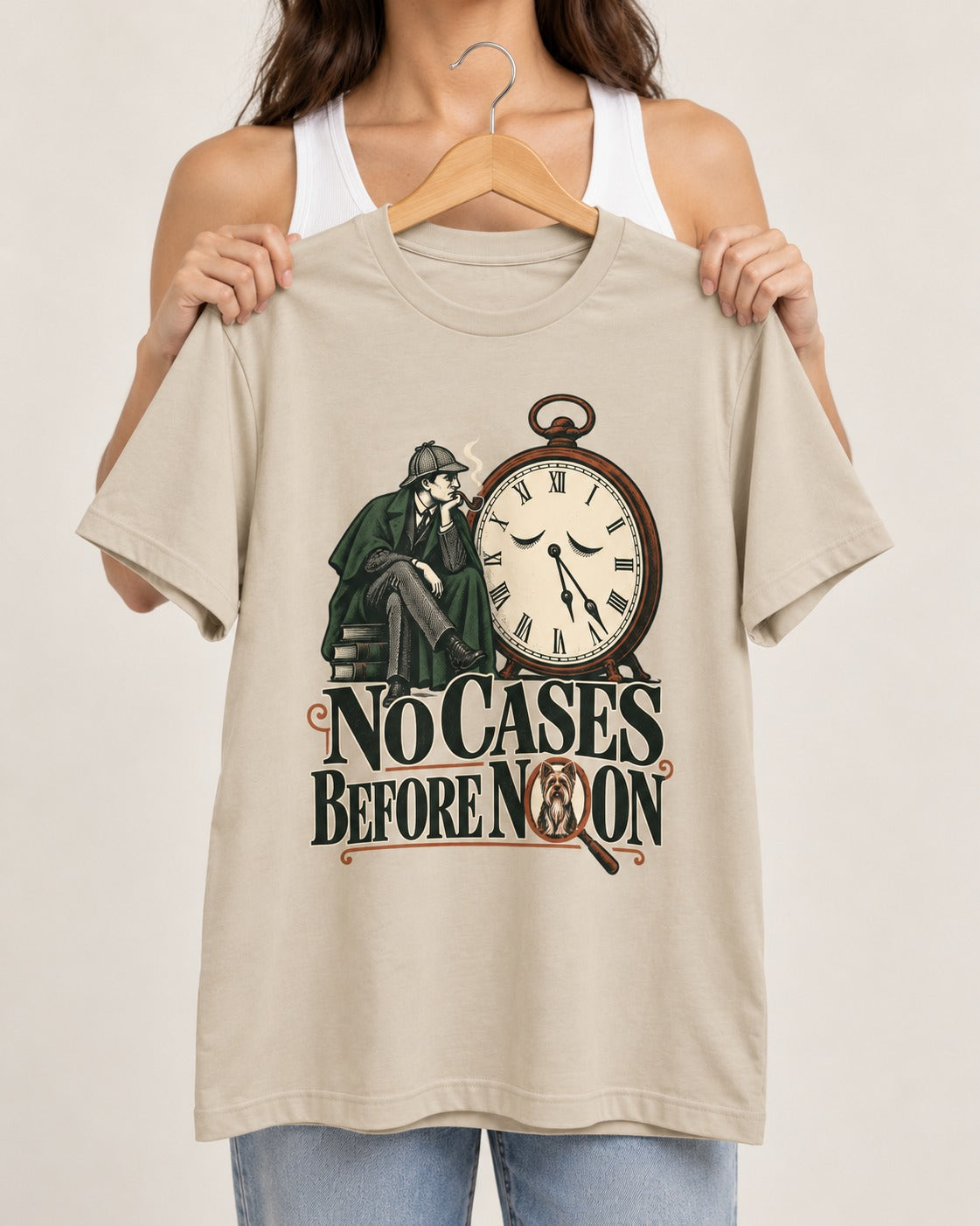 No Cases Before Noon Yorkshire Terrier T-Shirt in Sand, held up on a hanger