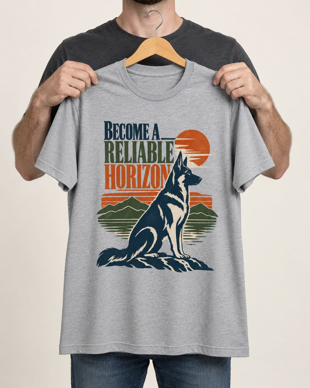 German Shepherd Dog Become a Reliable Horizon T-Shirt in Sport Grey, held up on a hanger