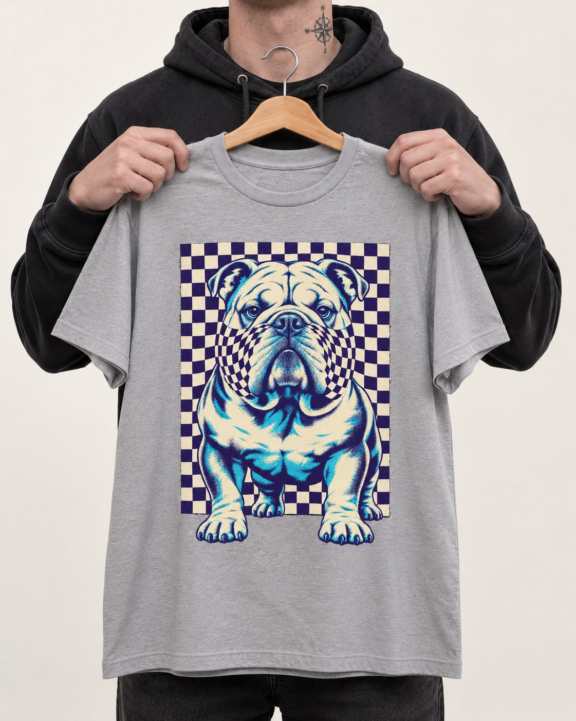 English Bulldog Double Take T-Shirt in Sport Grey, held up on a hanger