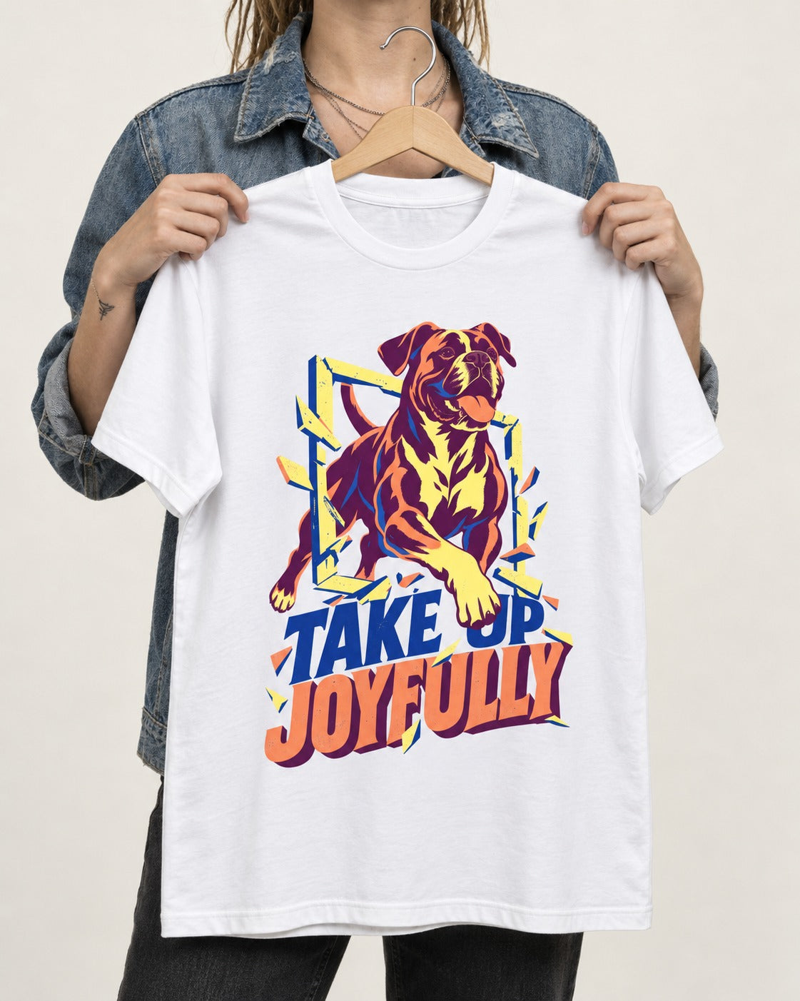 Take Up Joyfully Boxer Breakthrough Graphic T-Shirt in White, held up on a hanger