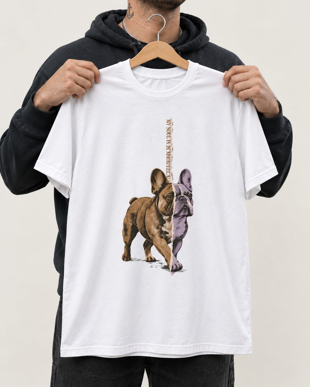 Frenchie Almost Symmetrical Torn Split Graphic T-Shirt in White, held up on a hanger